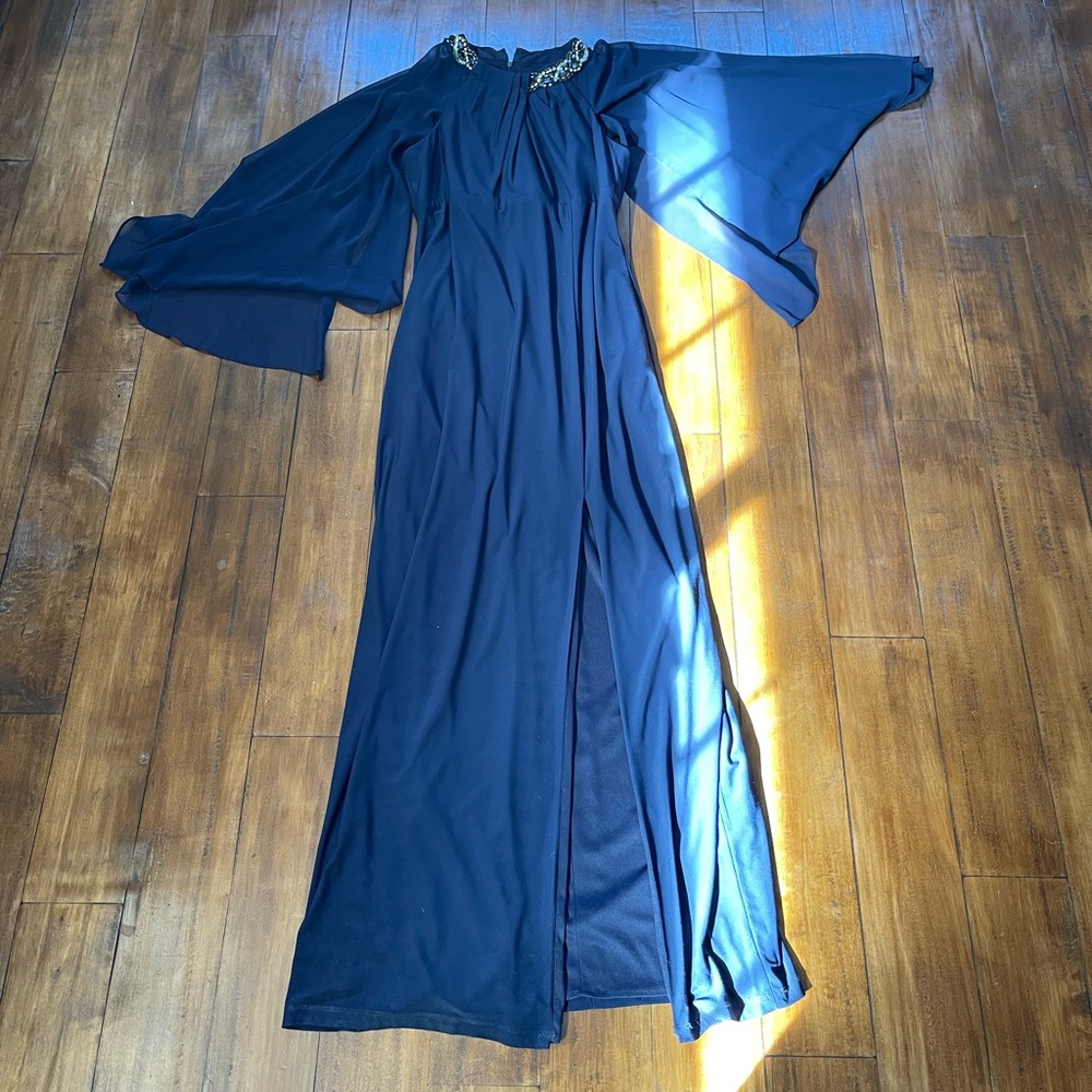 Exscape Elegant Navy Blue Cape Beaded Neckline Wedding Dress